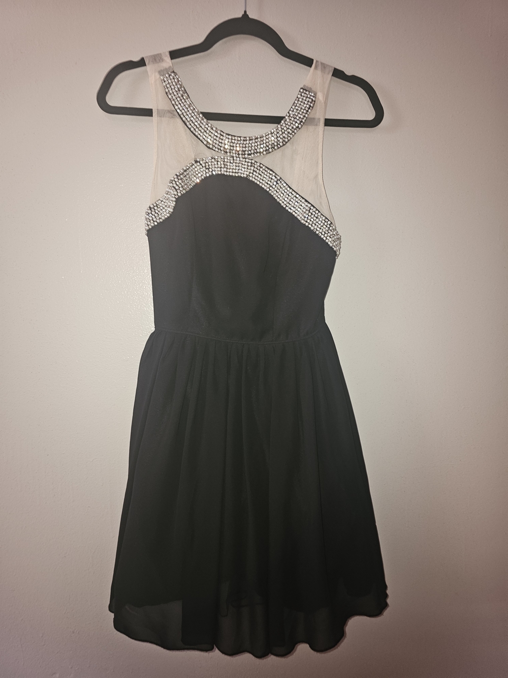 Black Chiffon Party Dress with Rhinestone Necklace Detail